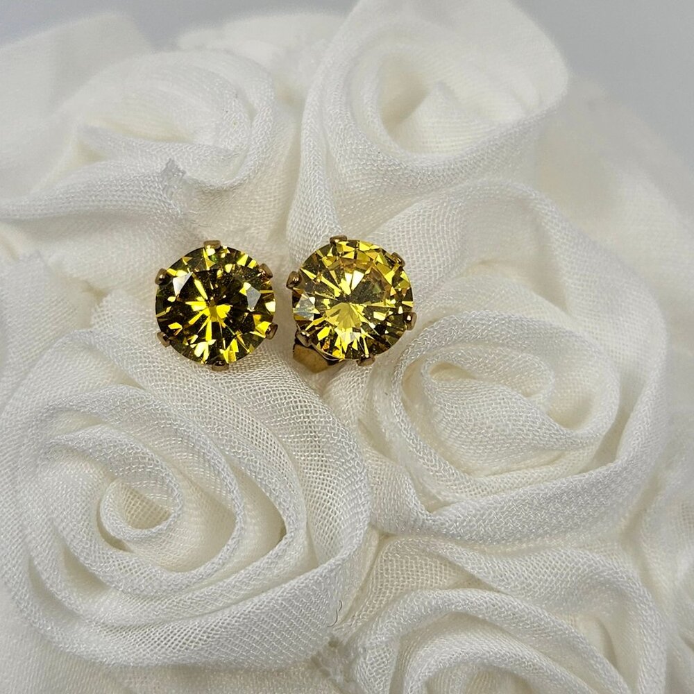 Pair of Canary Yellow CZ Brilliant Gold Stainless Steel Stud Earrings